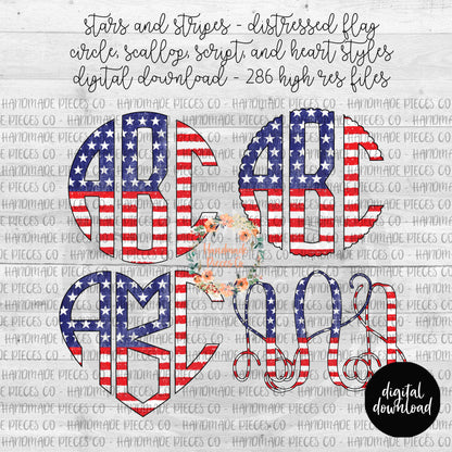 Stars and Stripes, Distressed Flag Monogram - Multiple Styles - Digital Download