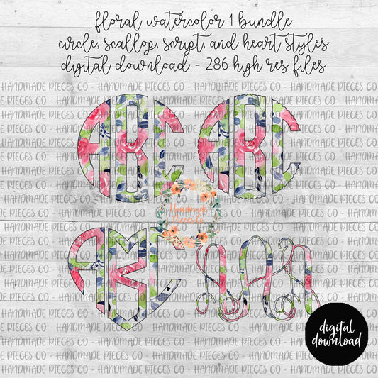 Floral Watercolor 1 Monogram - Multiple Styles - Digital Download