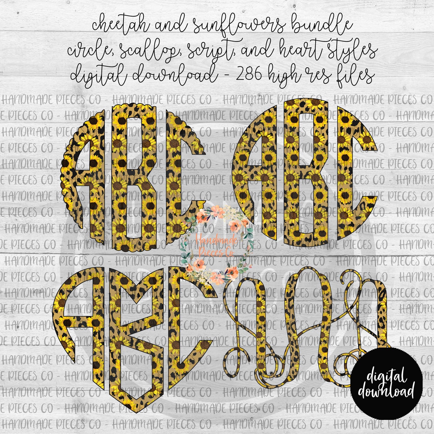 Cheetah and Sunflowers Monogram - Multiple Styles - Digital Download