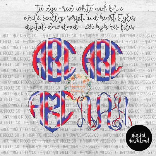 Tie Dye - Red, White, and Blue Monogram - Multiple Styles - Digital Download