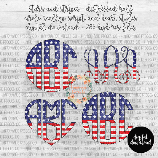 Stars and Stripes, Distressed Half Monogram - Multiple Styles - Digital Download