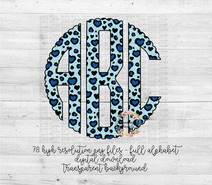 Leopard Hearts Monogram, Blue - Multiple Styles - Digital Download