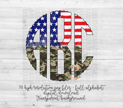 Stars and Stripes Monogram, Camo Split - Multiple Styles - Digital Download