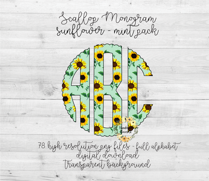 Sunflower, Mint Monogram - Multiple Styles - Digital Download