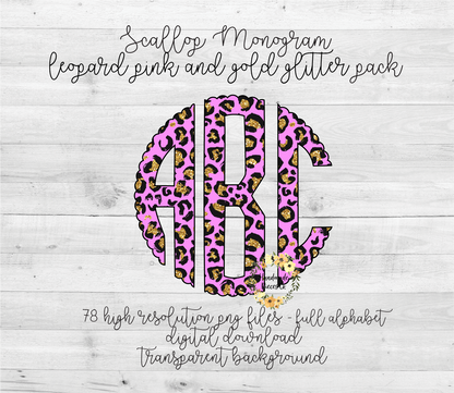 Leopard, Pink and Gold Glitter Monogram - Multiple Styles - Digital Download