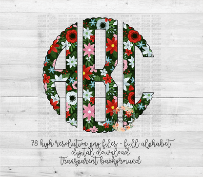 Merry and Bright Floral Monogram, Dark Floral - Multiple Styles - Digital Download