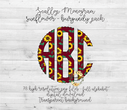 Sunflower, Burgundy Monogram - Multiple Styles - Digital Download