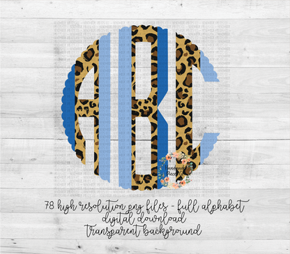 Leopard and Blue Brushstroke Monogram - Multiple Styles - Digital Download