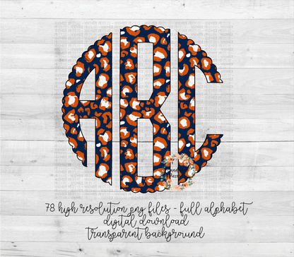 Leopard Monogram, Navy and Orange - Multiple Styles - Digital Download