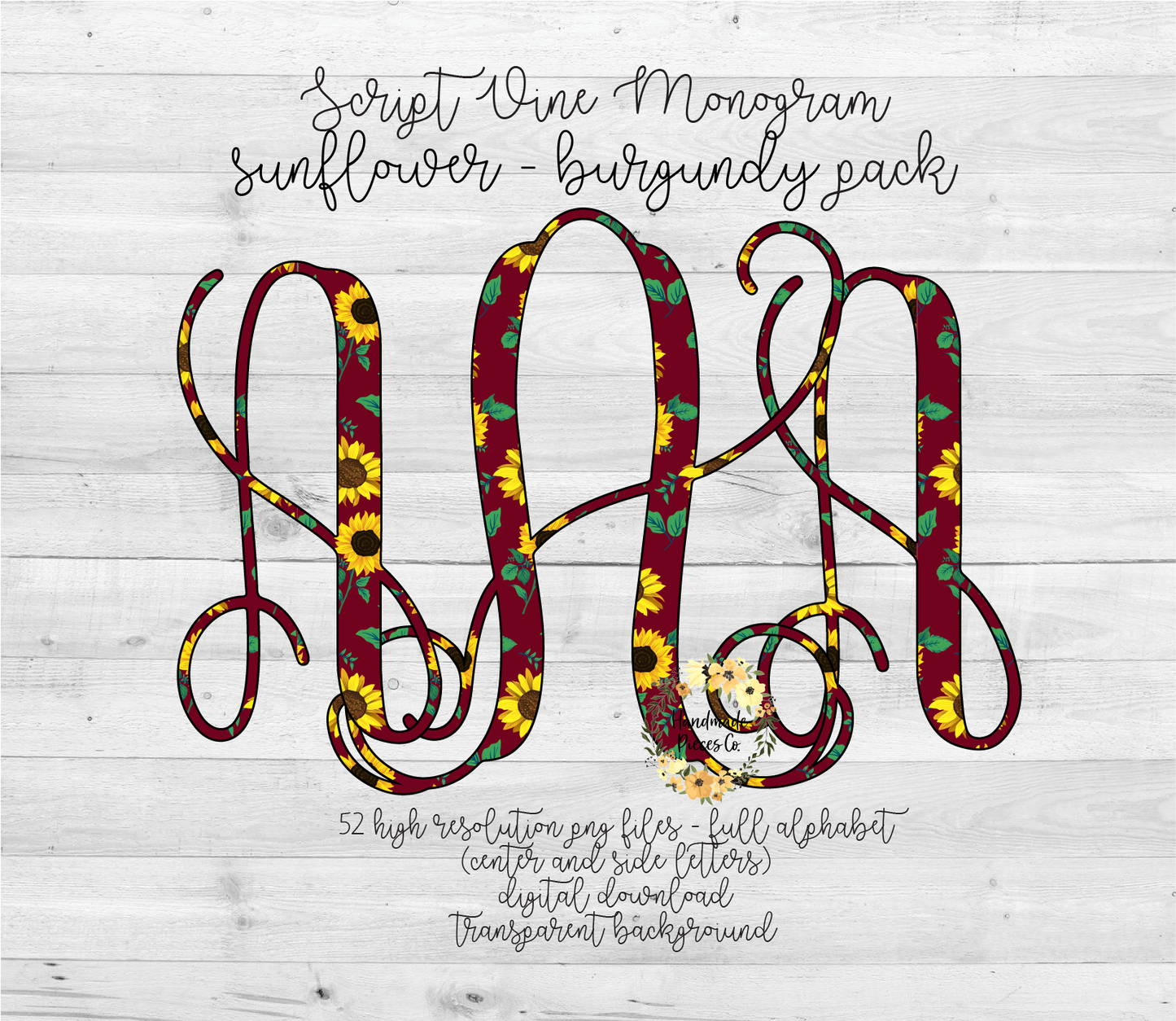 Sunflower, Burgundy Monogram - Multiple Styles - Digital Download