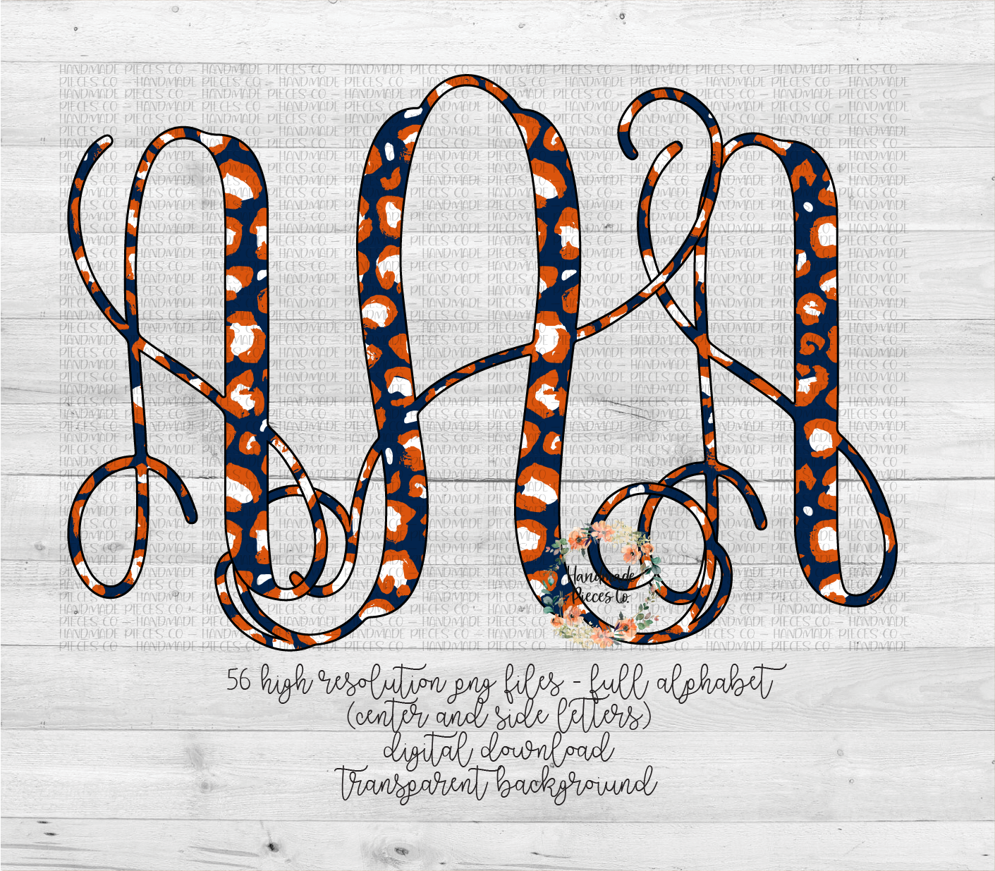 Leopard Monogram, Navy and Orange - Multiple Styles - Digital Download