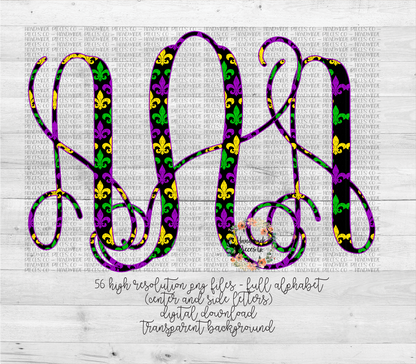 Mardi Gras Fleur De Lis Monogram, Black Background - Multiple Styles - Digital Download