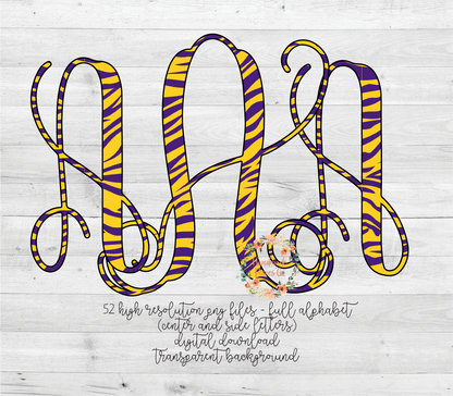 Tiger Monogram, Purple and Yellow - Multiple Styles - Digital Download