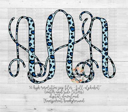 Leopard Hearts Monogram, Blue - Multiple Styles - Digital Download