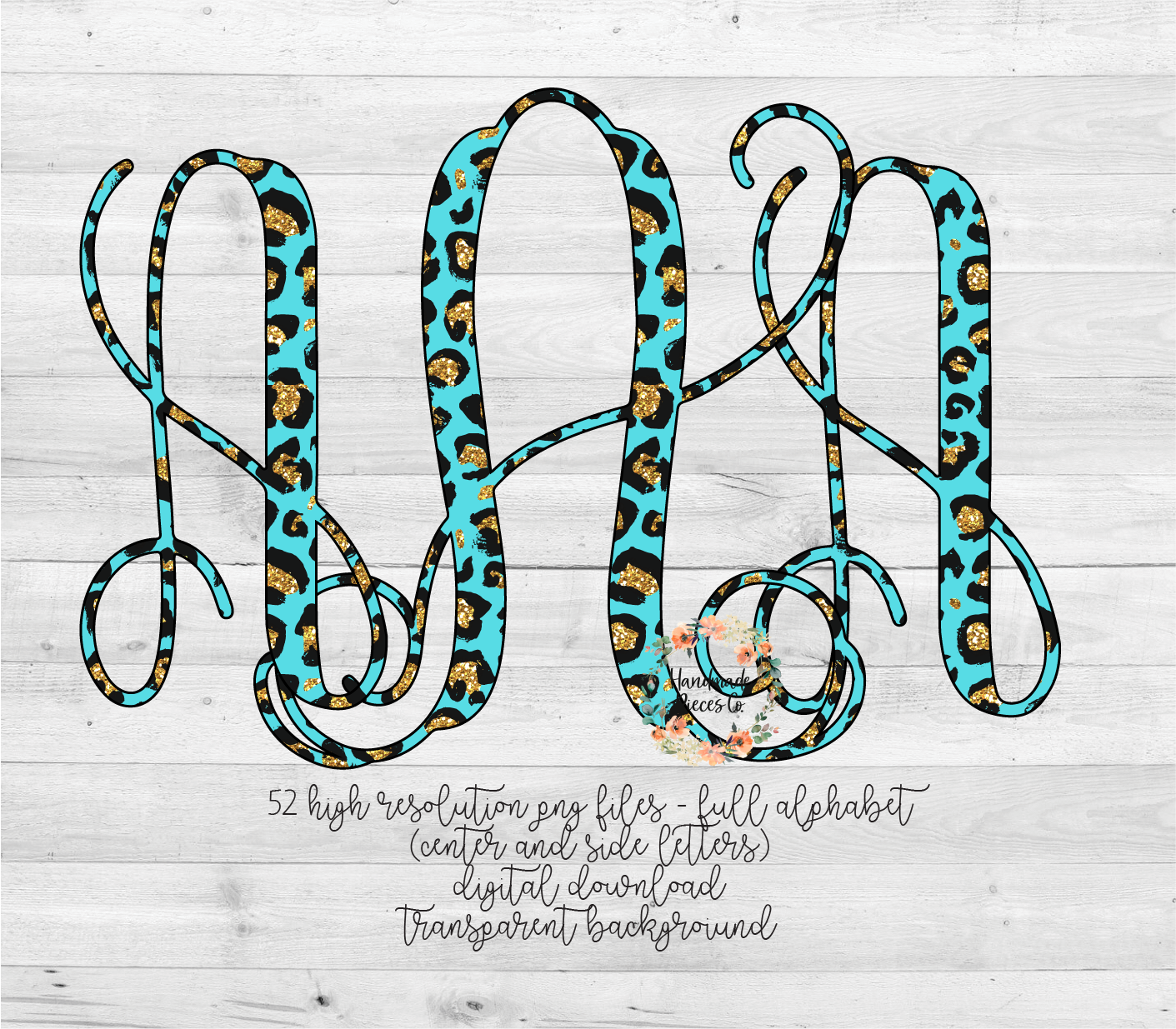 Leopard, Turquoise and Gold Glitter Monogram - Multiple Styles - Digital Download