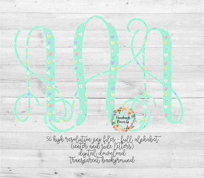 Conversation Hearts Monogram, Green - Multiple Styles - Digital Download