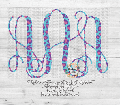 Leopard Monogram, Turquoise and Purple - Multiple Styles - Digital Download