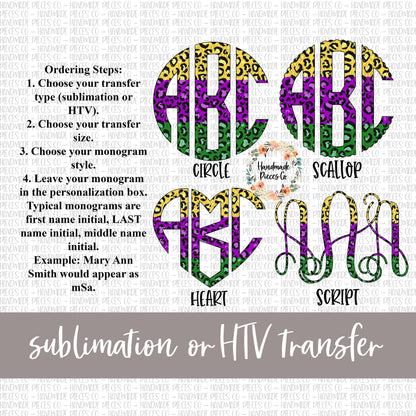 Leopard Monogram, Mardi Gras Trio - Sublimation or HTV Transfer