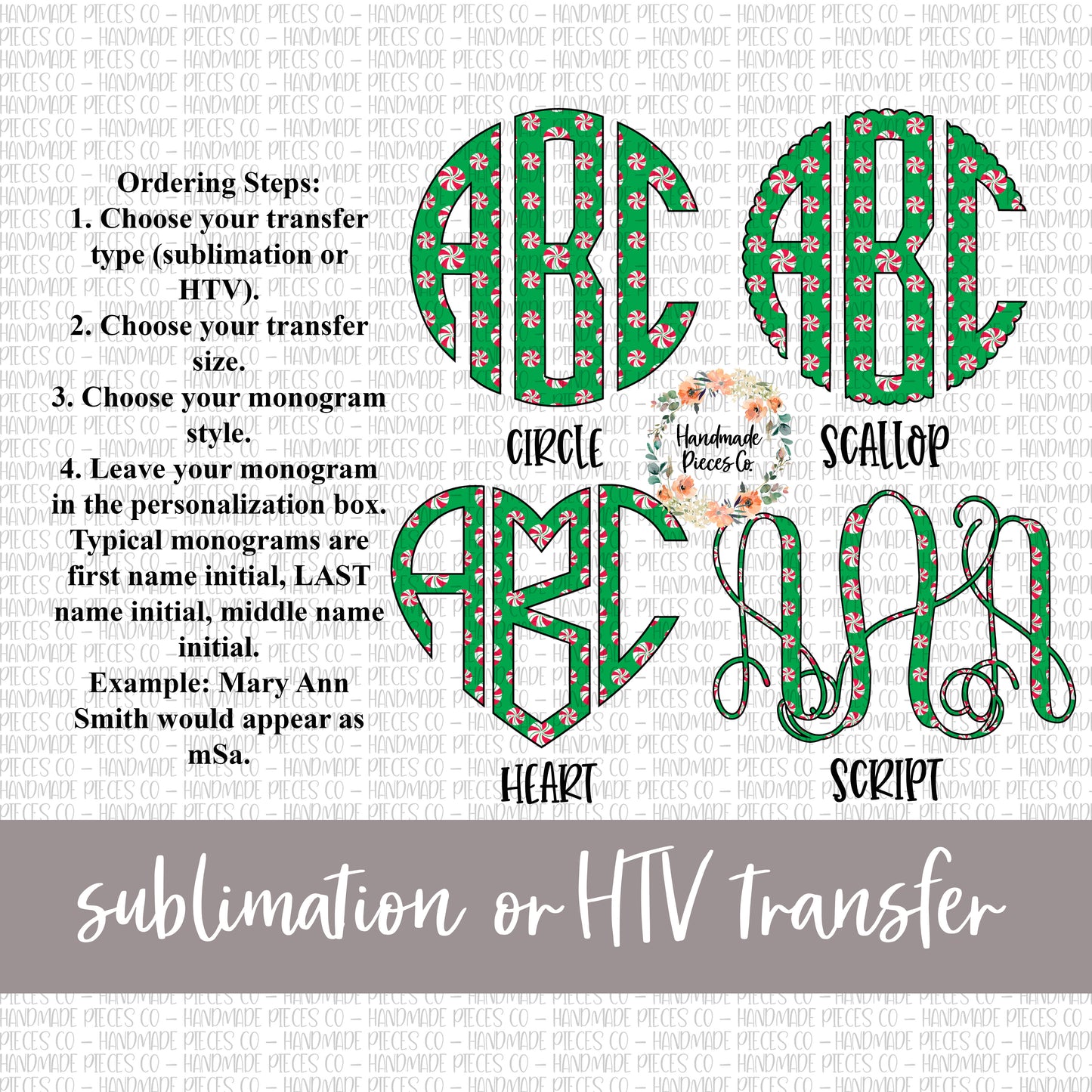 Peppermint Monogram, Green - Sublimation or HTV Transfer