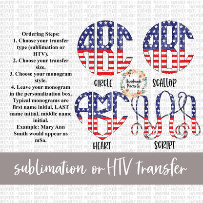 Stars and Stripes, Distressed Half Monogram - Sublimation or HTV Transfer