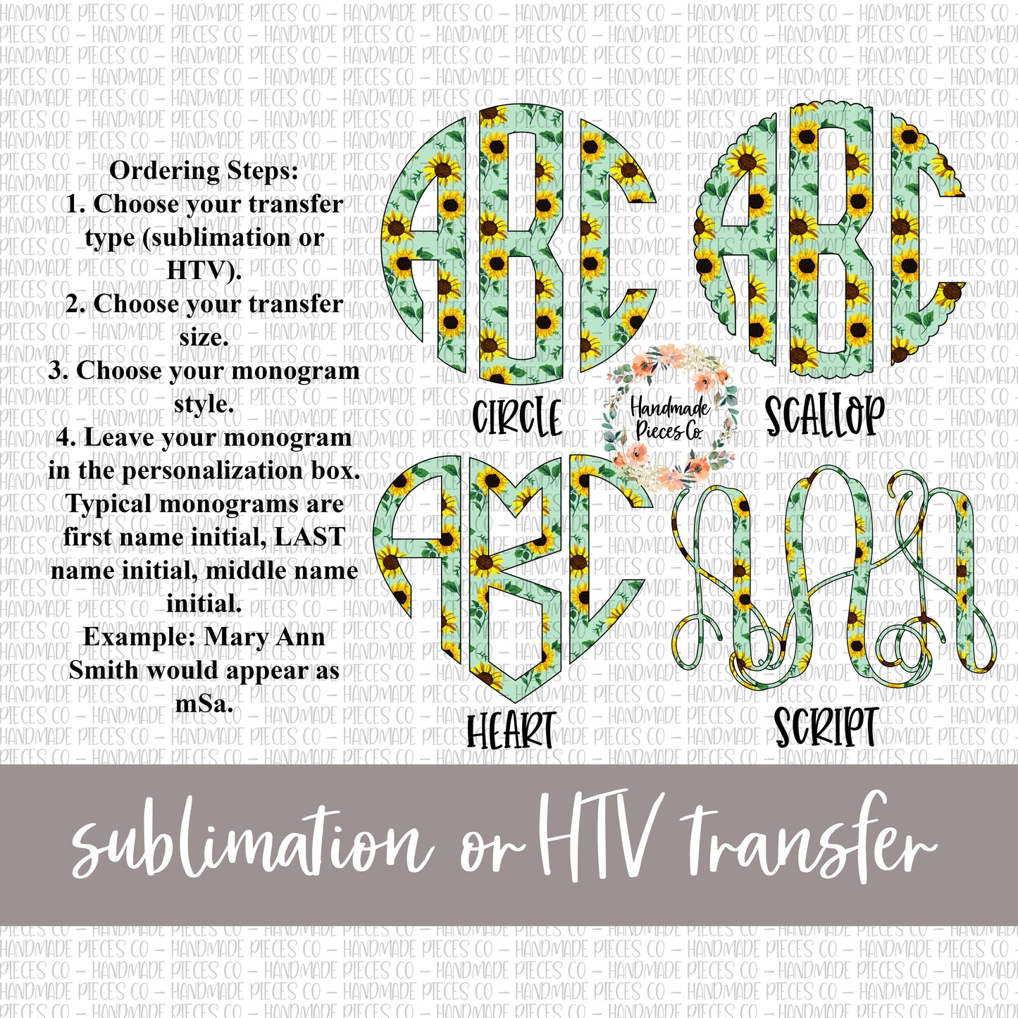 Sunflower, Mint Monogram - Sublimation or HTV Transfer