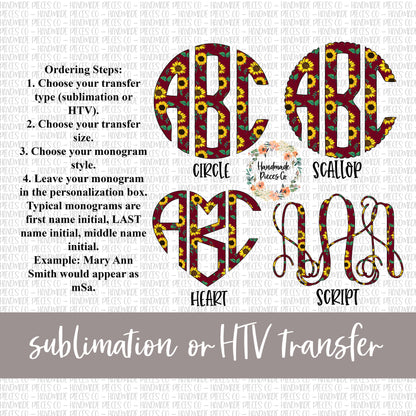 Sunflower, Burgundy Monogram - Sublimation or HTV Transfer