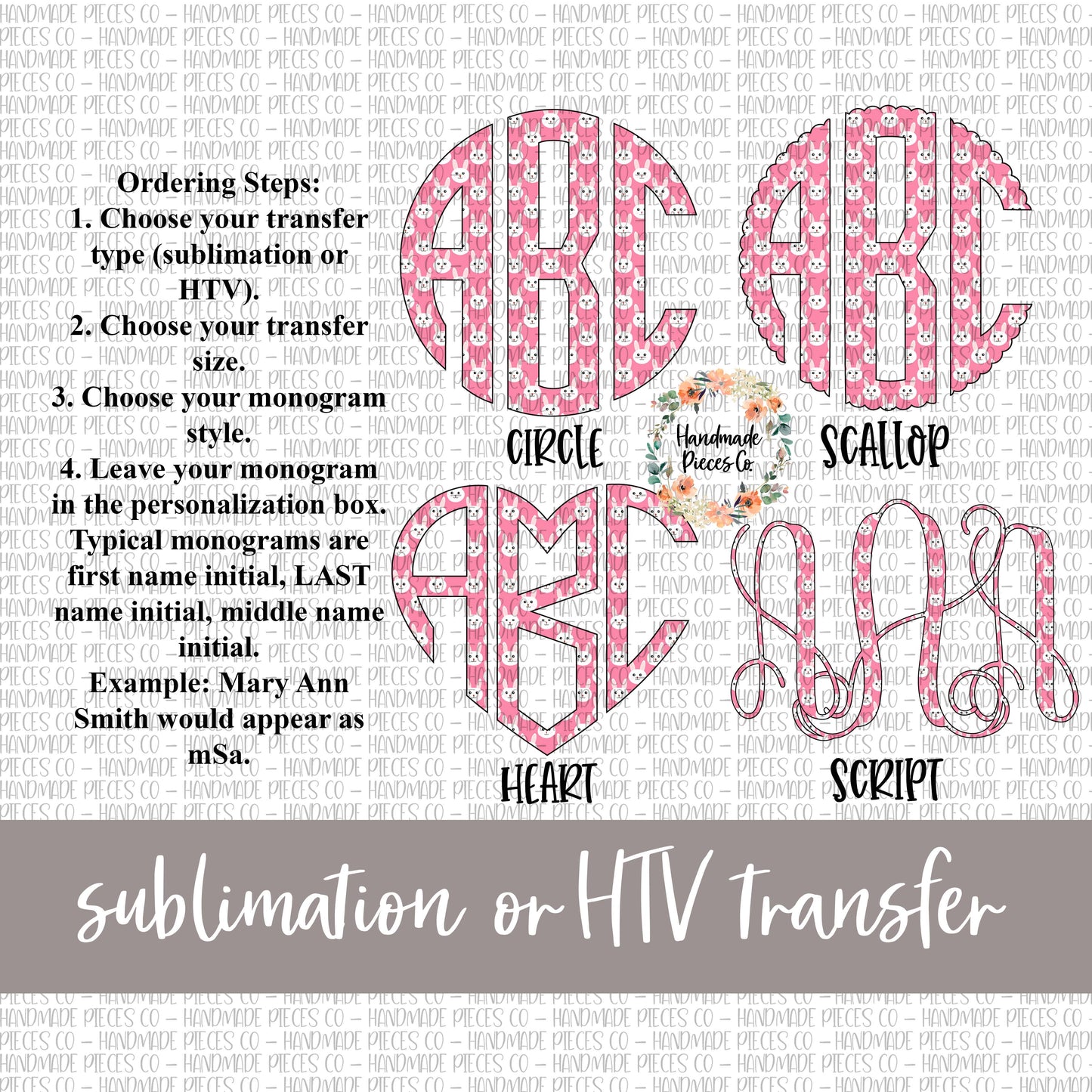 Easter Monogram, Pink Bunny - Sublimation or HTV Transfer