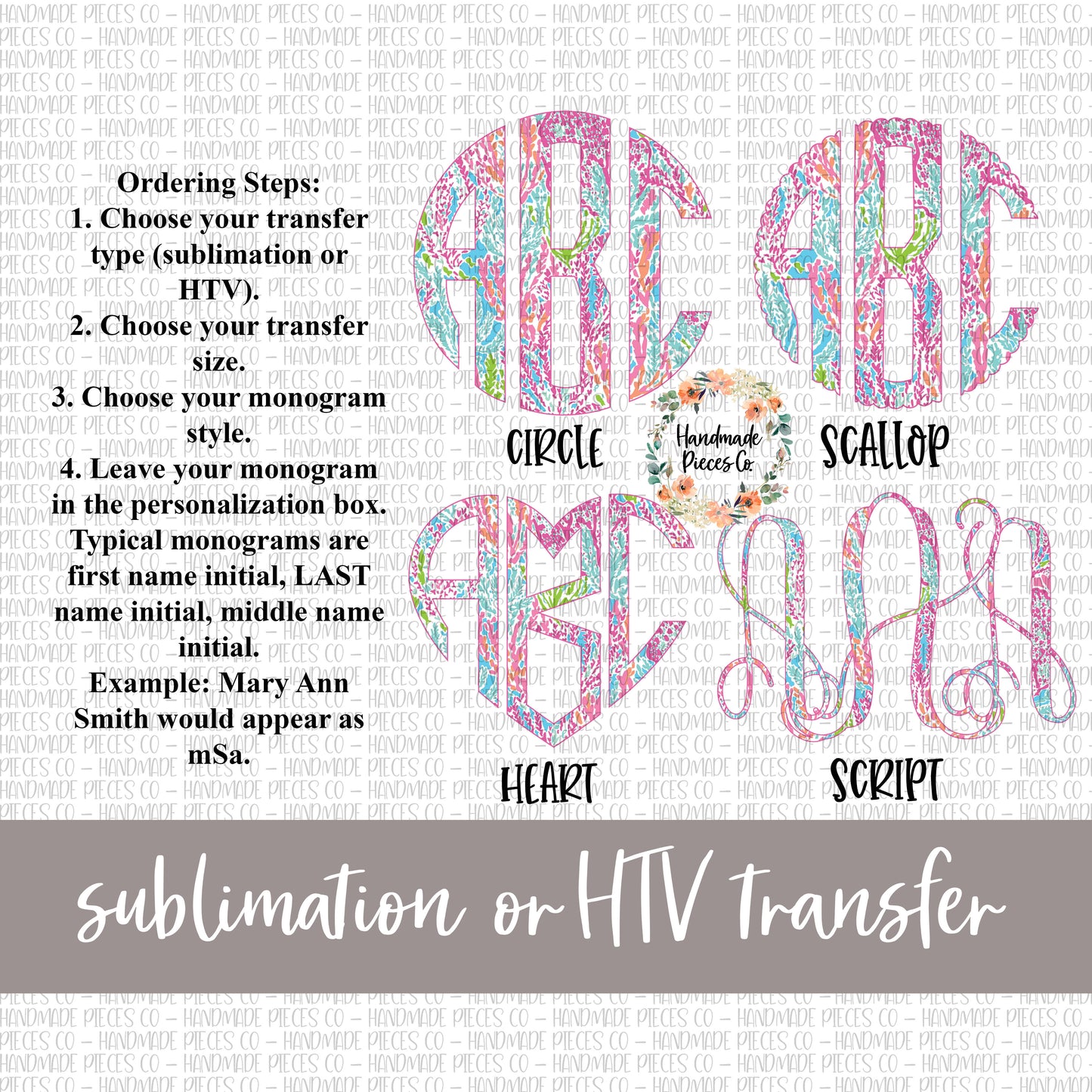 Pink and Blue Coral Monogram - Sublimation or HTV Transfer