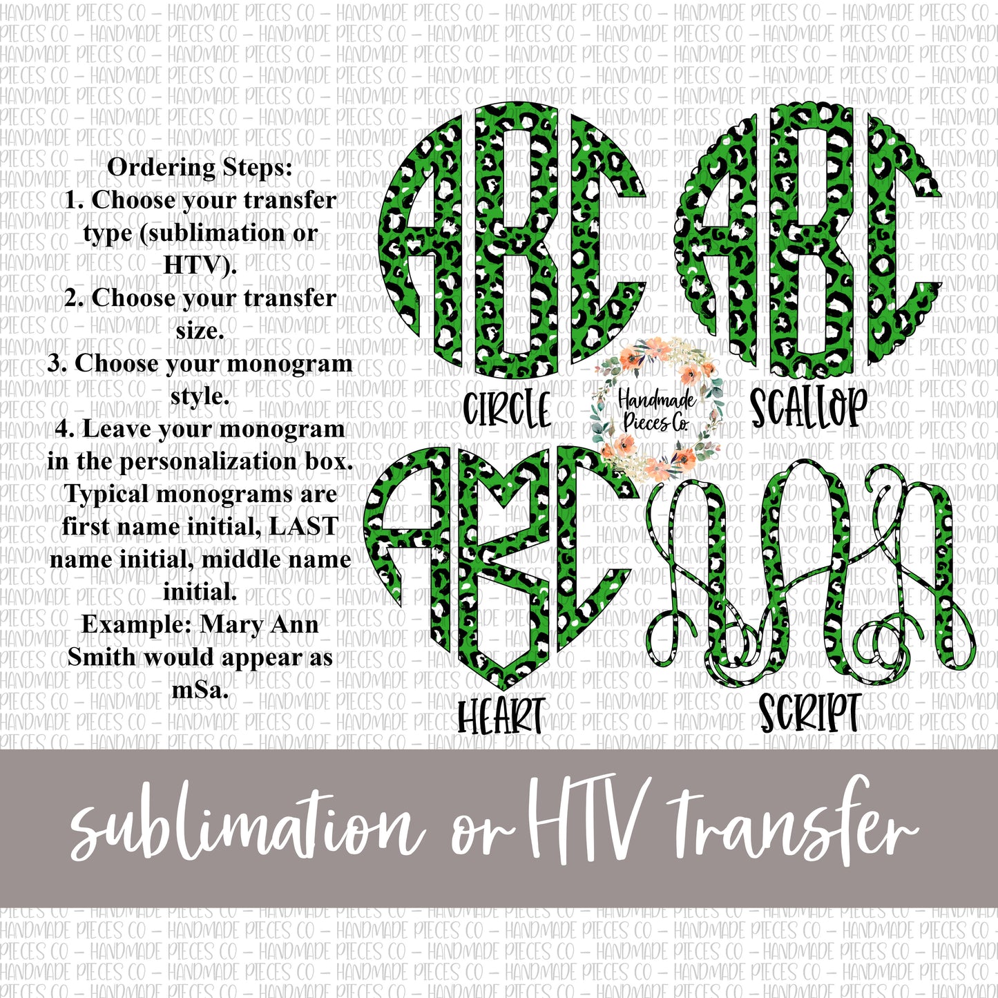 Leopard, Light Green Monogram - Sublimation or HTV Transfer