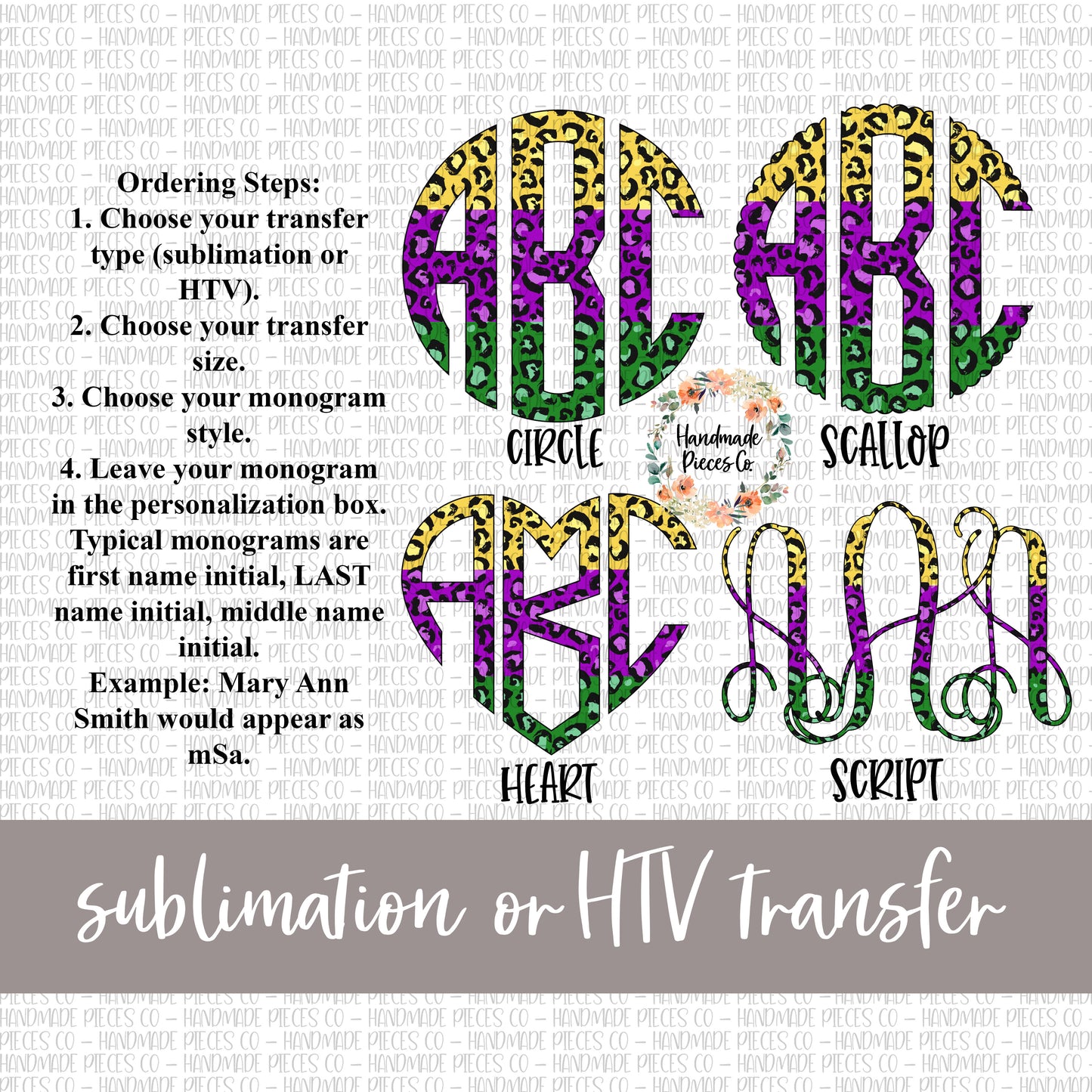 Leopard Monogram, Mardi Gras Split - Sublimation or HTV Transfer