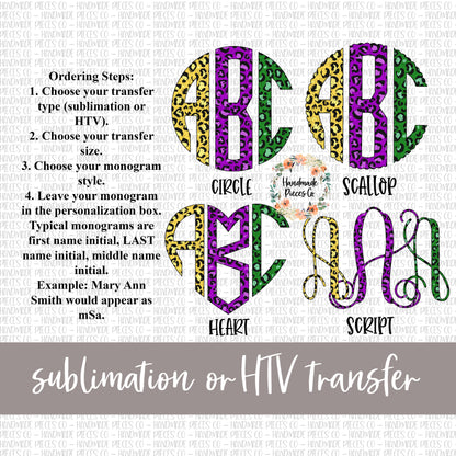 Leopard Monogram, Mardi Gras Trio - Sublimation or HTV Transfer