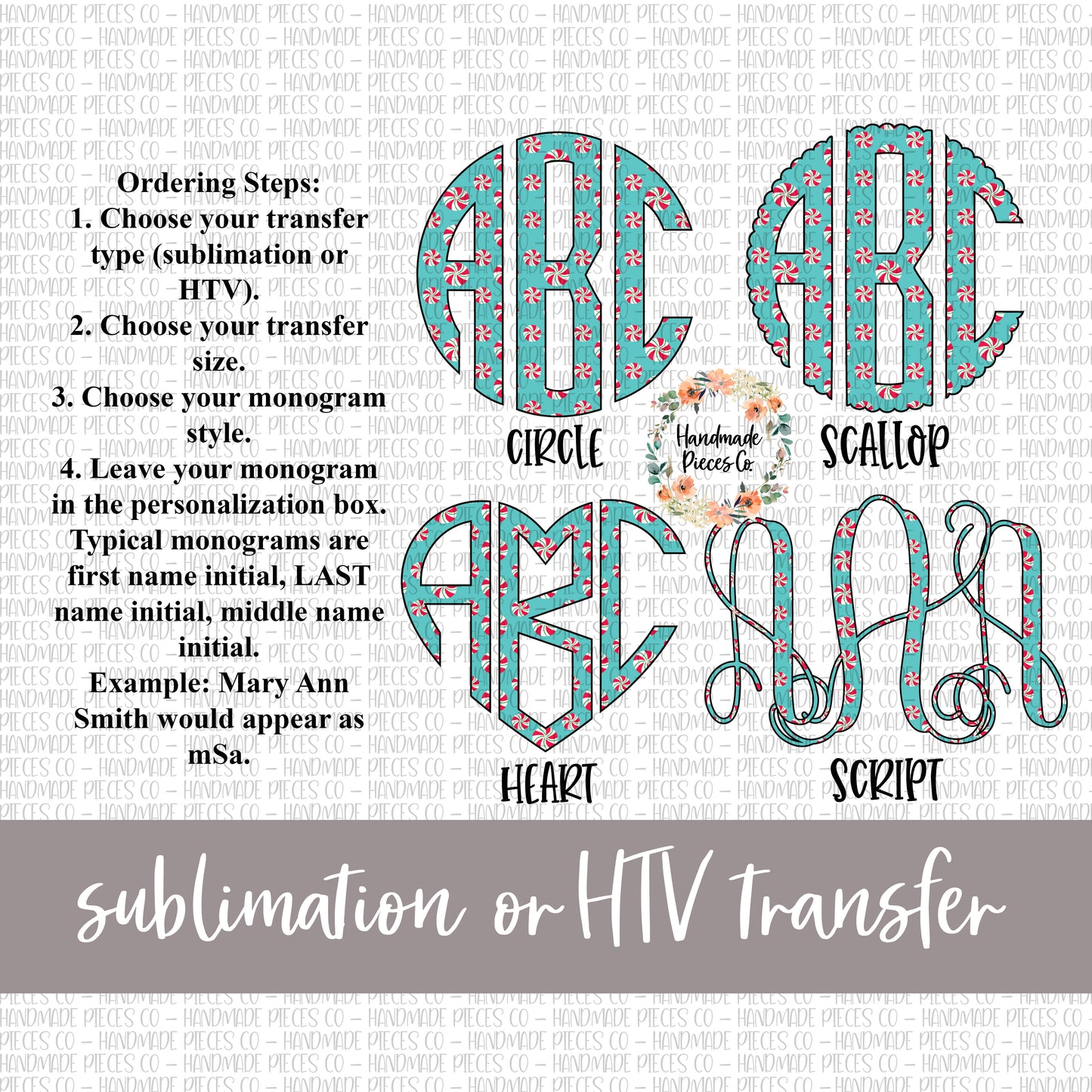 Peppermint Monogram, Blue - Sublimation or HTV Transfer