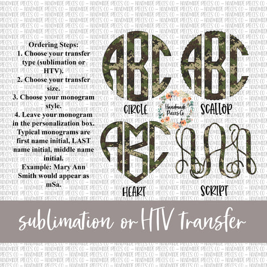 Camouflage, Woodland Monogram - Sublimation or HTV Transfer