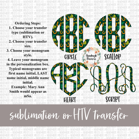 St. Patrick's Day Monogram, Shamrock and Horseshoes - Sublimation or HTV Transfer