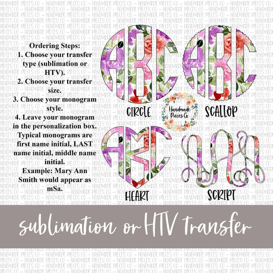 Floral Watercolor 3 Monogram - Sublimation or HTV Transfer